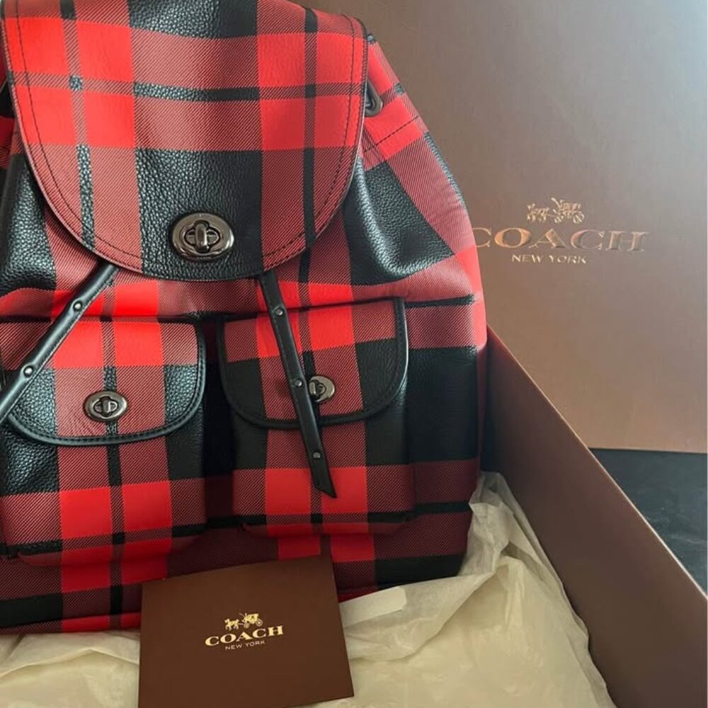 NWT Coach Plaid Backpack | Red & Black Buffalo Check | Leather Trim
